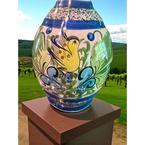 Mexican Talavera Pottery Vase-Hand Painted Bird-Blue Green-13''-Puebla-Ceramic - Picture 2 of 8